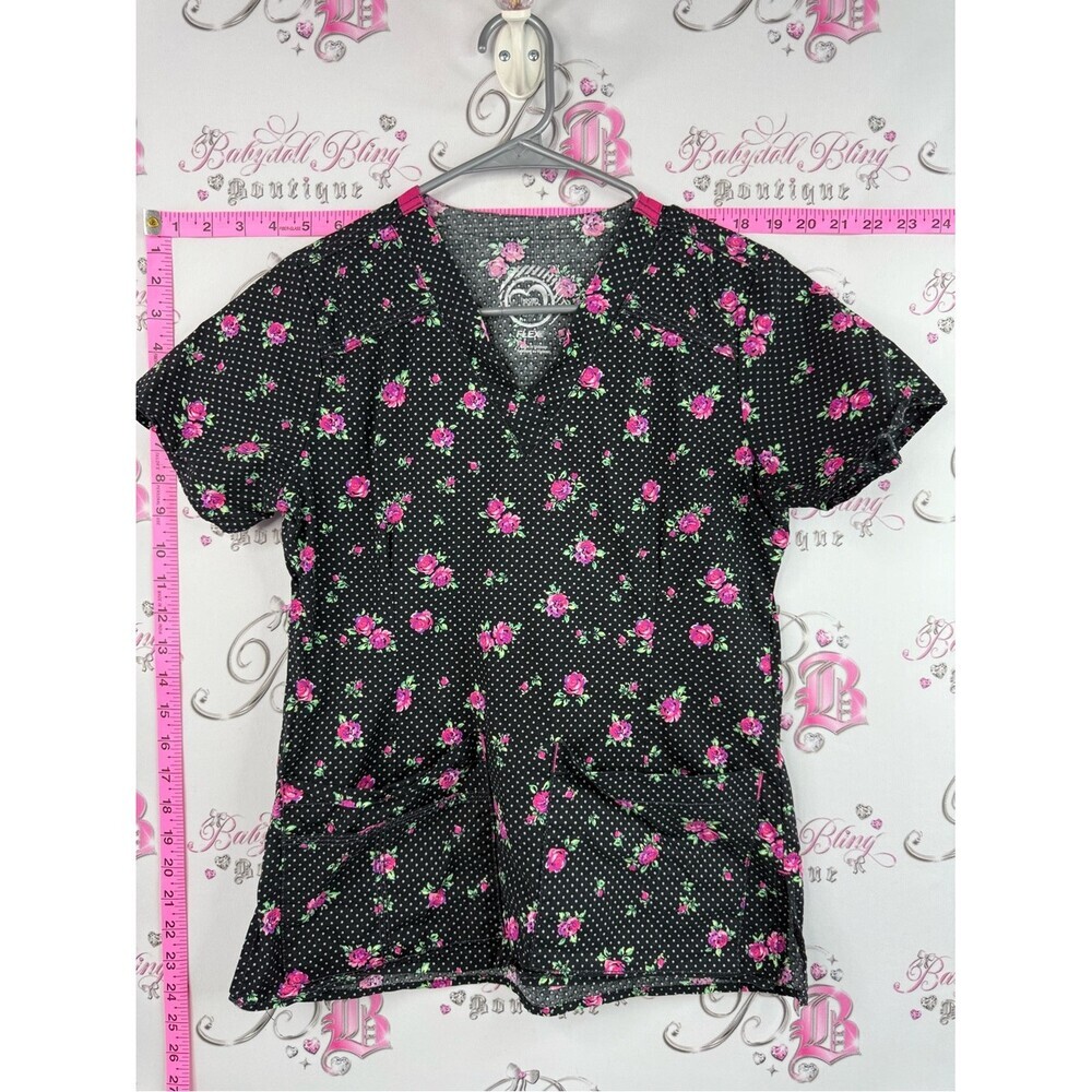 Health pro scrub top tshirt  V-Neck Tunic Top in Black with Pink Rose Print